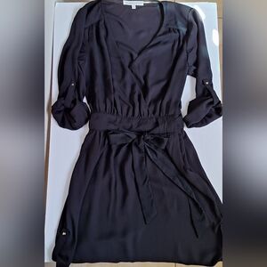 Daniel Rainn Belted Shirt Dress 3/4 Sleeve Wrap Surplice Pockets Office Black XS